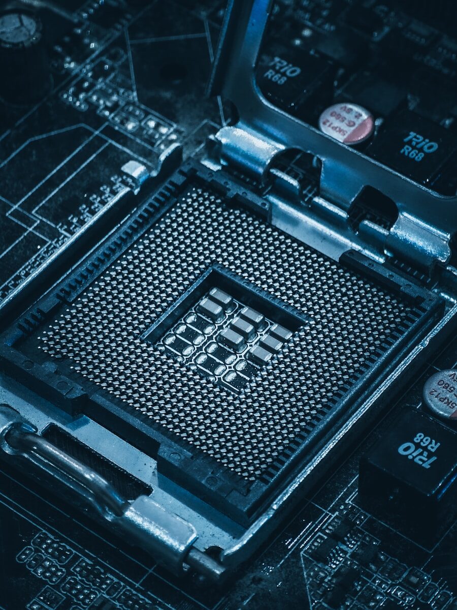 Close-up of a computer motherboard cpu socket.